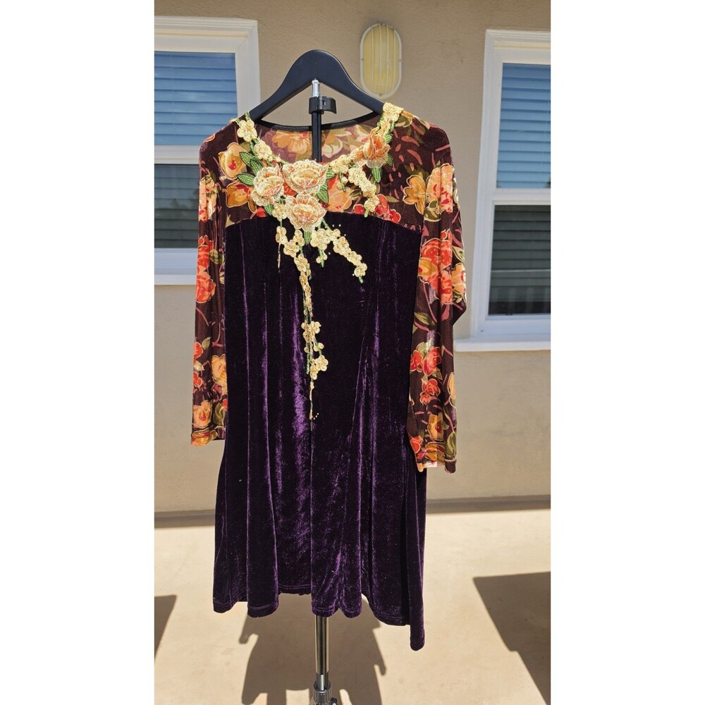 Vtg 90s Y2K Purple Velvet Dress 3D Floral Applique Mesh Whimsigoth Fairy Beaded